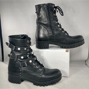 Girotti black pearl lace up leather combat boots Size EU 39 (Approx US 8.5)